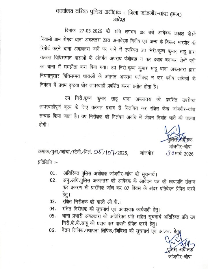 FIR दर्ज नहीं करने पर सब इंस्पेक्टर निलंबित, जांजगीर एसपी की बड़ी कार्यवाही